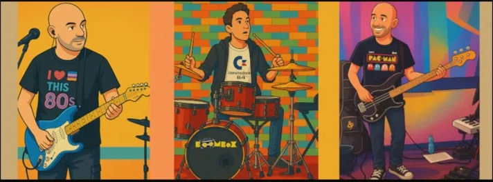 Illustrazione della BoomBox band: chitarra e voce, batteria, basso